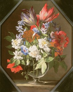 En vase med blomster på en steinhylle som inneholder tulipaner, krysantemum, georginer og narcissi, 1600-tallet